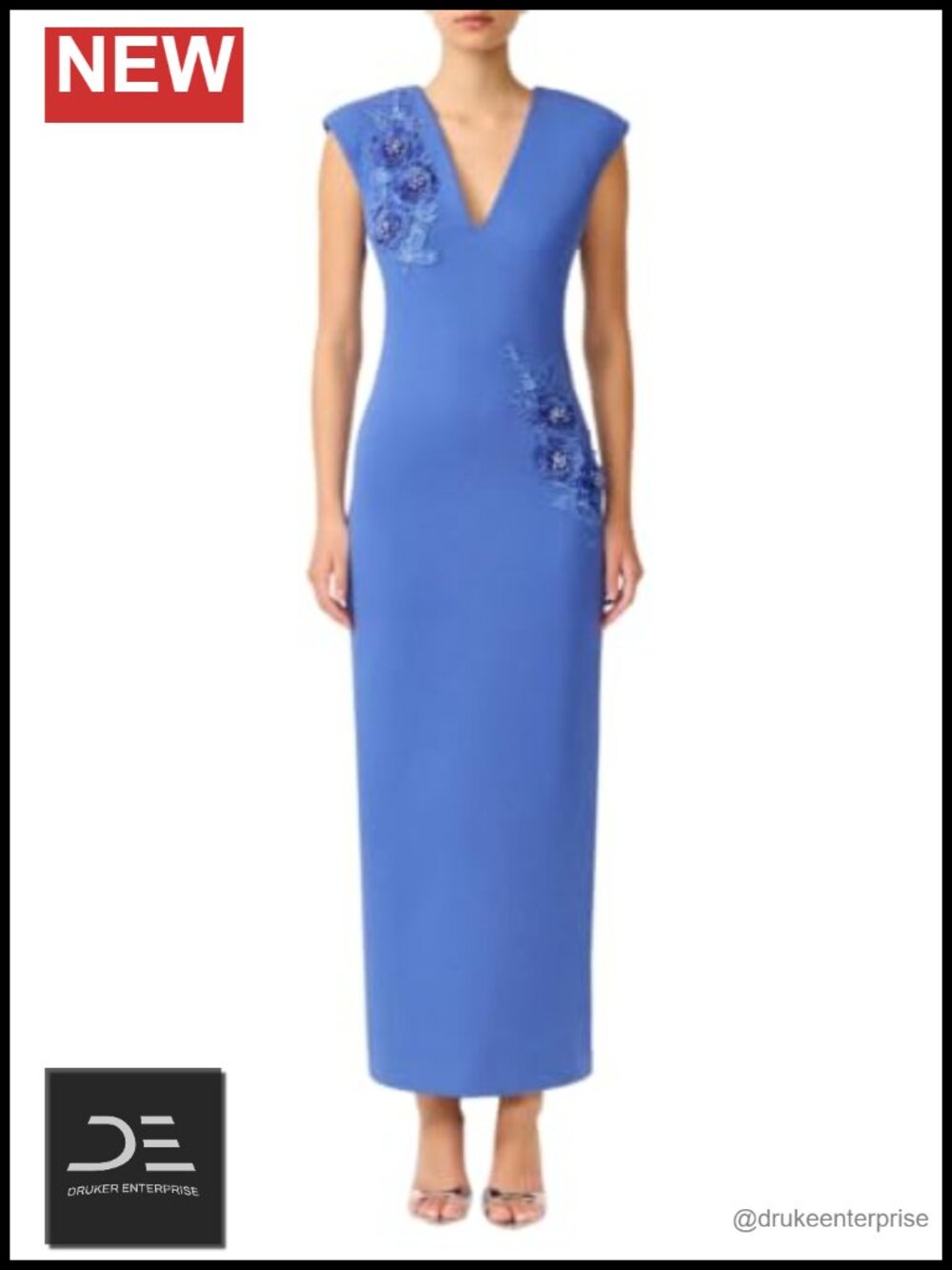 Talitha Plunging V-Neck Column Maxi Dress Cap Sleeve Floral Embellished
